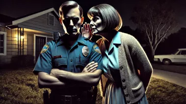 Image created using artificial intelligence of a woman whispering into the ear of a police officer